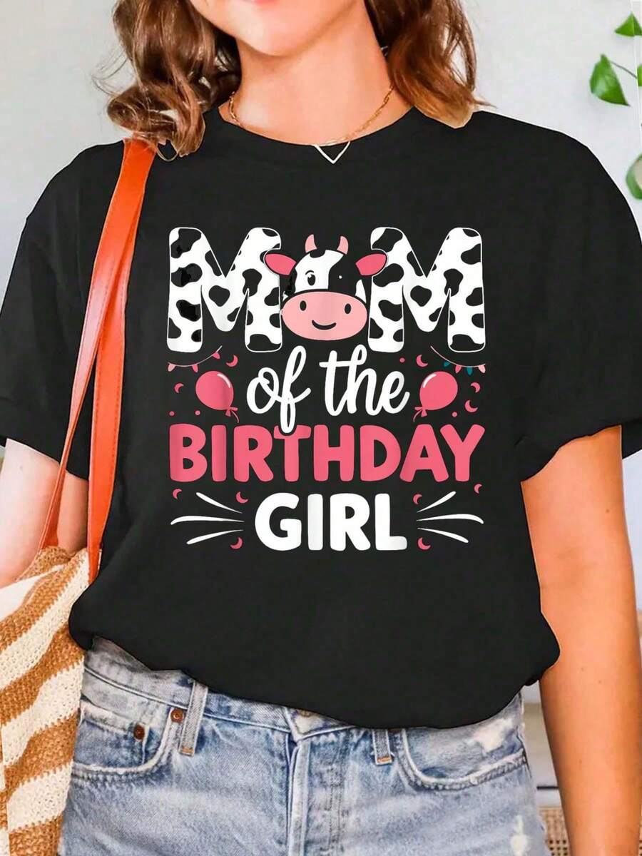 Mom Of The Birthday Girl Cow Mother Mama T-Shirt Print Crew Neck T-Shirt For Summer, Women's Soft Short Sleeve Top, Stylish Comfy Tee For Women Graphic Tees - Black - View 1