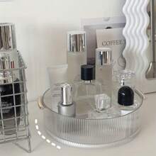 1pc Plastic Cosmetic Storage Tray, Transparent 360° Rotating Storage Box With Handle, Desktop Finishing Organizer, Suitable For Storing Perfume Lipstick Necklace Jewelry, Storage Container Box - Multicolor - View 4