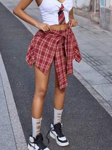 Y2K Streetwear Plaid Print Drawstring Asymmetric Hem Hoodie & Shorts Set - Rose Red - View 4