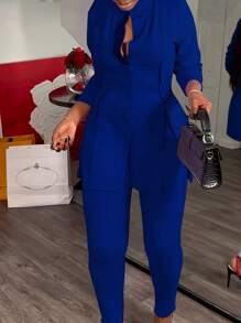 Casual Daily Simple Button Slit Solid Color Shirt Collar Long Sleeve Large Size Two-Piece Suit - 藍色 - 查看 3
