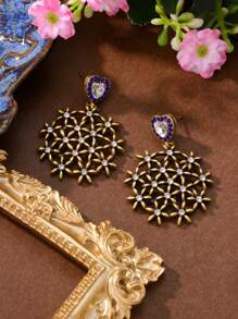 优雅复古风格镂空花卉水晶玻璃电镀合金耳环，送给朋友的高端浪漫礼物，适合日常佩戴或聚会 - 愛心花朵耳環 - 查看 3