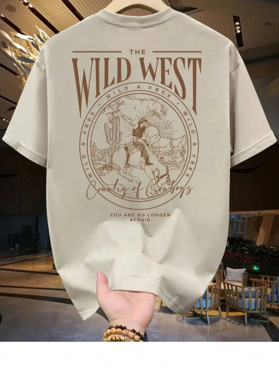 Men's Cotton T-Shirt Adult Plus Size Kids Wild West Country Cowboy Streetwear Over Fashion Premium - 米色 - 查看 1