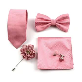 ZONFAZ 5pcs/Set Men's Business Formal Plaid Tie & Bow Tie & Pocket Square & Cufflinks & Lapel Pin Combination Suit, Suitable For Wedding & Daily Wear