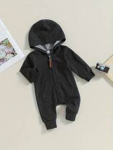 Monos de otoño para bebés, niños y niñas, de manga larga, de color liso, con cremallera y capucha, para recién nacidos - Negro - Ver 3