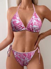 Women's Fashion Plant Print Halter Tankini Swimwear & Shorts Set, Simple Design For Beach, Holiday & Casual Daily Wear - Hot Pink - View 3