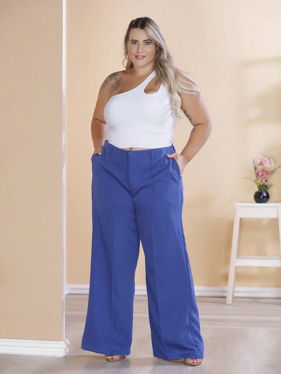 Plus Size Wide Leg Pants Tailored Fabric New Fashion - Màu xanh hải quân - Xem 1