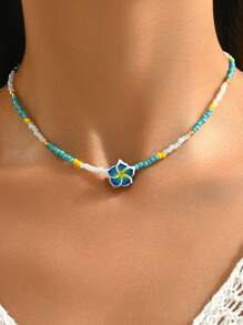 1pc Vacation Style Soft Clay Flower & Bead Strand Necklace - Blue - View 12