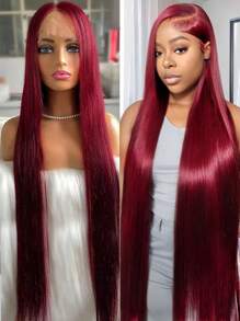Uveous 99j Burgundy 13x4 Lace Front Wig Human Hair 200% Density Straight Hair Wigs For Women Pre Plucked Pre Cut Frontal Wigs With Baby Hair 34 Inch Halloween Season - S99J - 查看 5
