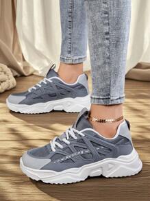 Sporty Front Chunky Sneakers For Women,Colorblock Leather Lace-Up Shoes Women Lightweight Breathable Sneakers Women Shoes Anti-Slip And Wear-Resistant Outdoor Sports Shoes For Women,Comfortable Casual Women Shoes