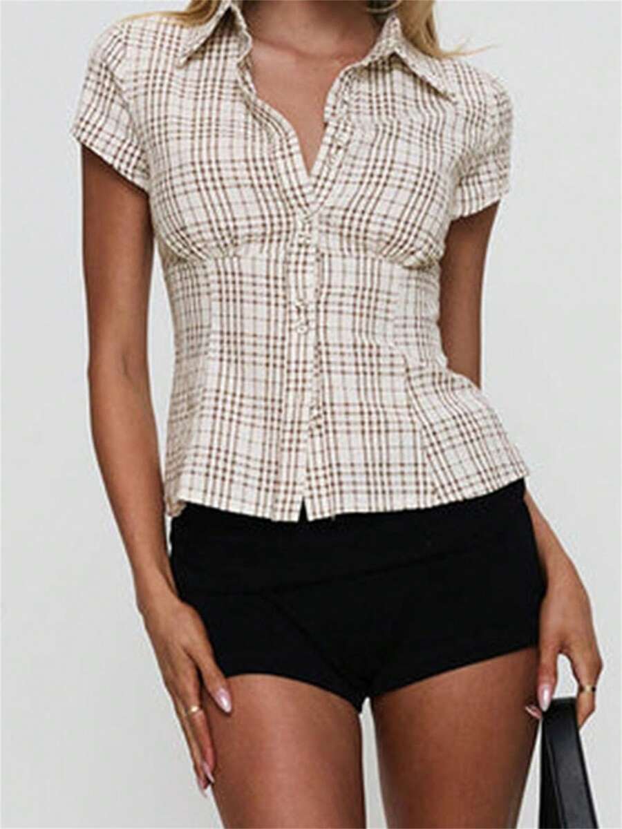 Women's Plaid Shirt Button-Up Short Sleeve Collared Slim Fit Casual Summer Blouse Tops - 鏽棕色 - 查看 1