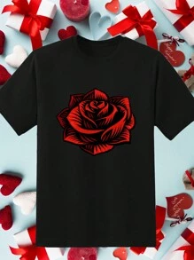 Valentine'S Day Black Rose Printed Shirt Casual T-Shirt Round Neck Short Sleeve Fashionable Women Clothes - 黑色 - 查看 1