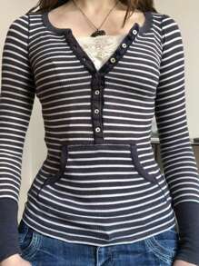 Women Y2k Fairy Grunge T Shirt Top Striped Long Sleeve V-Neck Button Down Tunic Shirts Slim Fit Going Out Tees Tops Vintage Aesthetic Clothes E-Girl 2000s Streetwear - 黑色 - 查看 1