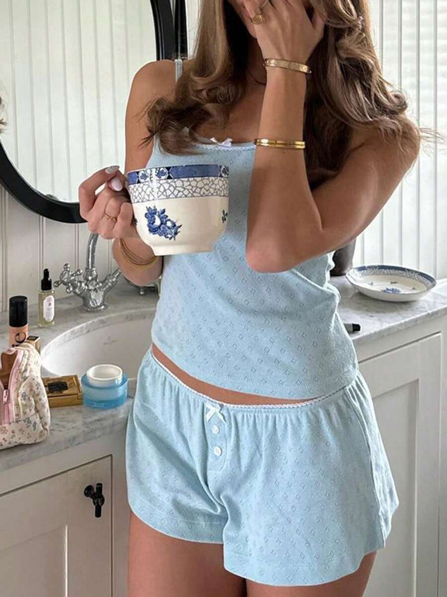 Women 2 Pieces Lounge Sets Summer Y2k Floral Pajamas Set Fairy Lace Trim Bow Decor Spaghetti Strap Cami Tank Tops Sleeveless Backless Camisole Crop Top And Button Front Shorts Sets Cute Pjs Sleepwear Loungewear Outfits - 藍色 - 查看 1