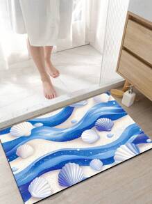 1 件蓝色贝壳地垫，复古风格波浪和沙色贝壳图案，明亮漂亮，适用于浴室、室内外入口、家居装饰，可机洗，防滑、耐污家居浴室装饰浴室地毯