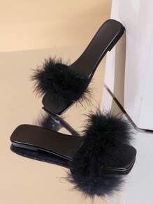 女士新款时尚夏季露趾绑带毛茸茸装饰经典黑色凉鞋，平底舒适轻便防滑，户外休闲沙滩度假风格 - 黑色 - 查看 3