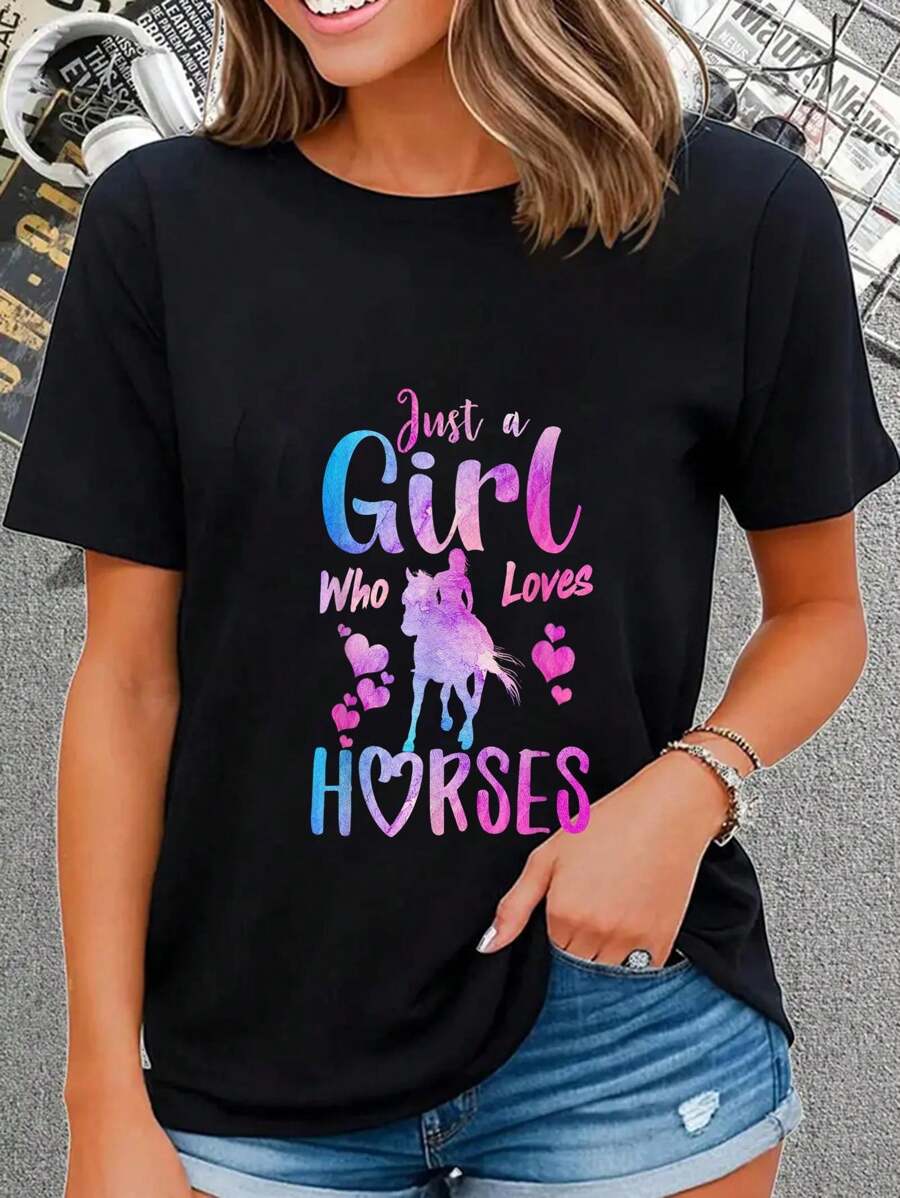 Just A Girl Who Loves Horses Riding Cute Horse Girls Women T-Shirt Casual Short Sleeve Shirt - Black - View 1