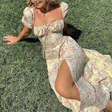 Women's Summer Puff Sleeve Floral Split Maxi Dress Flowy A Line Casual Beach Long Dresses Lace Up High Splitting Maxi Dress Elegant Square Neck Boho Split Long Dresses - White - View 1