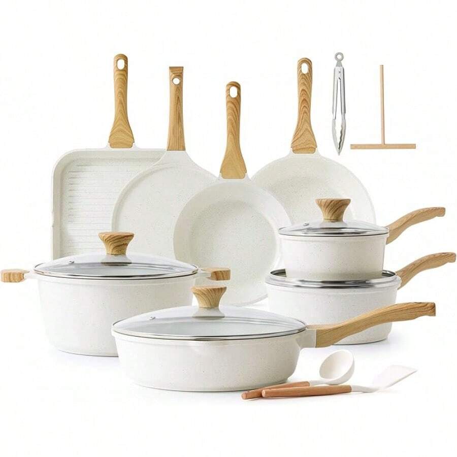 SENSARTE Nonstick Ceramic Cookware Set 23-Piece, Pots And Pans Set, Kitchen Cooking Set With Stay-Cool Handles, Silicone Utensils And Pot Protectors, PFAS & PFOA - 白色 - 查看 1