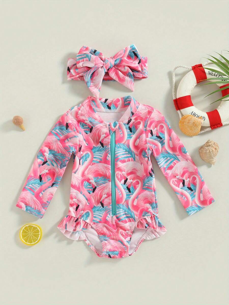 Traje de baño de una pieza con protección solar para niñas de 0 a 3 años, con estampado de flamencos y flores, cremallera, manga larga y gorro incluido. - Rojo - Ver 1