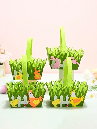 1pc Festive Easter Egg Baskets With Bunny & Chick Designs - Polyester, Portable Non-Woven Gift Holders For Easter Egg Hunts & Decorations, Ideal For Easter And Seasonal Gifts, Candy Bar Supplies