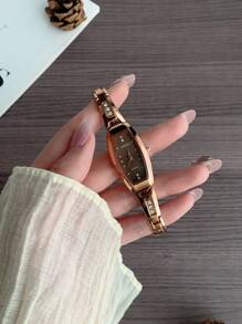 1 件优雅酒桶形女士石英表，配黑色金属表带 - 玫瑰金 - 查看 4