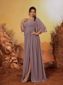 Mgiacy V-Neck Handmade Pleated Mid-Length Backless Tied Elegant Bridesmaid Formal Dress - Dusty Pink - View 4