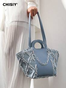 CHISIY [原创手工制作] 钻石格子流苏贝壳 Walkaway 系列蓝色人造皮革和织物链可调节肩带手提包带磁扣开合，简约优雅，容量大，适合情人节礼物、通勤、度假、所有季节 - 藍色 - 查看 4