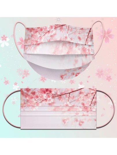 20pcs Sakura Floral Print Face Masks, 3-Ply Meltblown Fabric Protective Decorative Masks, Romantic Korean Style Pink