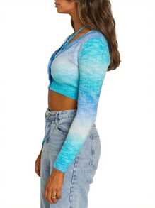 Women Gradient Crop Tops, Knitting Cross Bandage Long Sleeve V-Neck Buttons Spring Fall Cardigan - Blue - View 10