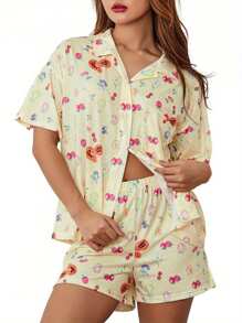 Women 2 Piece Pajamas Set Short Sleeve Floral Print Button Shirt Tops Shorts - Màu vàng - Xem 8