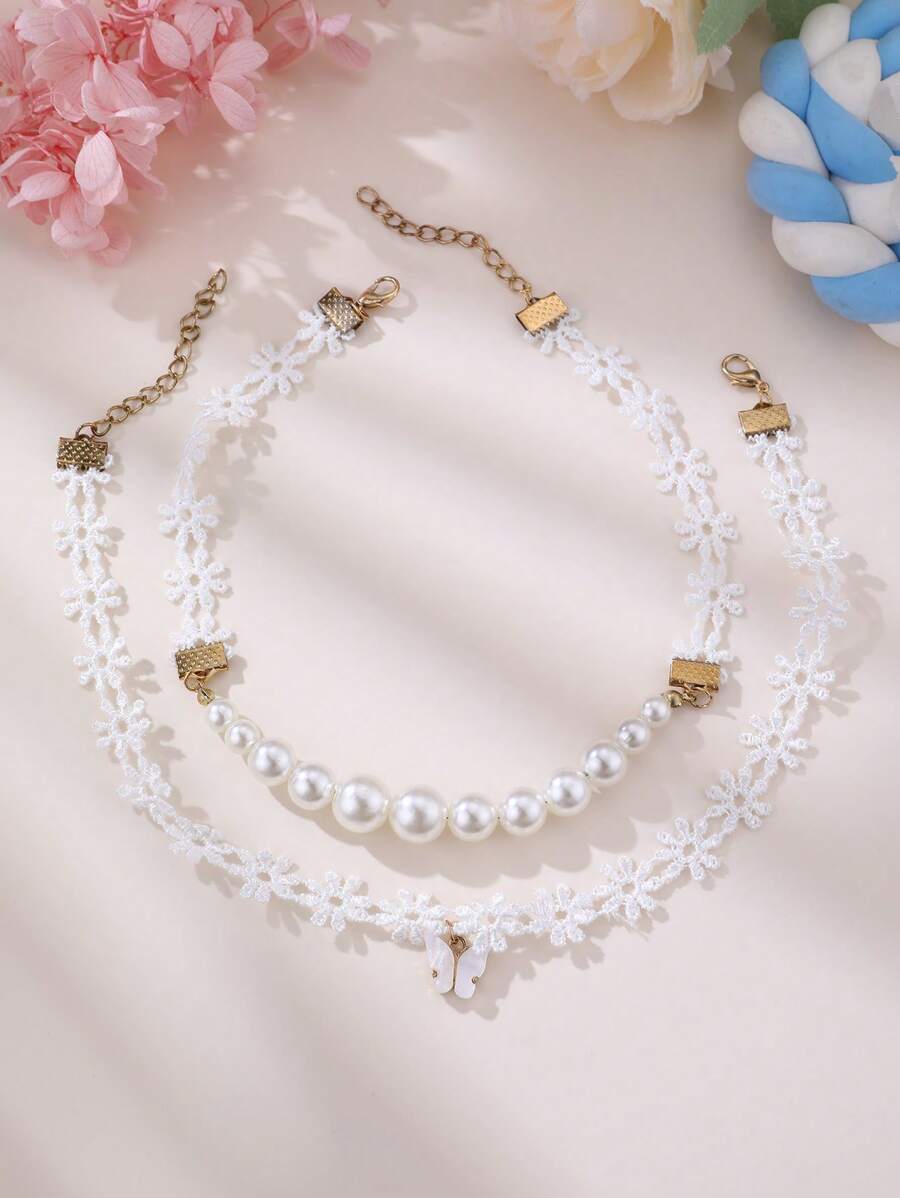 2件套女孩缎面花朵珍珠蝴蝶项链套装 - 白色 - 查看 1