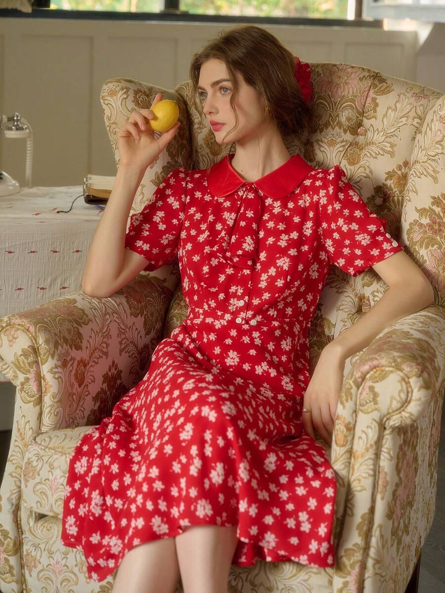 Simple Retro Women's Spring And Summer Holiday Style Printing Red Bottom White Small Flowers Elegant Medium-Length Shirt Collar Dresses - Red - View 1