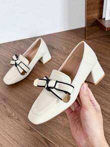 HanDuEke Women's High Heel Bowknot Loafer Flat Shoes, Retro British Style Thick Heel High Heel Pumps, Soft Leather Versatile Beige Spring/Autumn 2025 New Arrivals