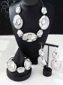 Glamorous Asymmetrical Geometric Hammered Texture Ellipse Linked Metal Necklace, Metal Earrings, Metal Bracelet Suitable For Women, Suitable For Parties, Weddings, Gatherings, And Daily Wear