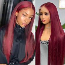 250% Full Straight Lace Front Wig Human Hair Wigs Transparent 13x4  Lace Frontal Wig For Women Bone Straight Brazilian Human Hair Lace Wig With Full Edges Baby Hair Pre Plucked Straight Wig Natural Black #1B,99J Burgundy - S1/99J - 查看 7