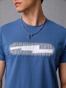 Camiseta De Hombre Decorada Con Letras Tridimensionales,Camiseta Sencilla De Color Liso,Camiseta De Manga Corta Con Cuello Redondo - Azul - Ver 6