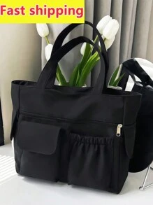 女士纯色多功能托特包，简约多口袋大容量腋下包，适合学生，新设计休闲旅行度假购物手提包和单肩包，商务通勤日常外出电脑包学校书包，返校包，防水，适合少女女大学生，非常适合返校、开学第一天、初中、高中