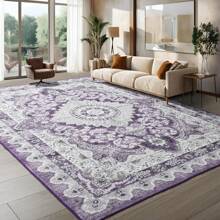 Low Pile Washable Rugs For Living Room, Faux Wool Vintage Rug For Bedroom Dining Room Home Decoration - tím trắng - Xem 1