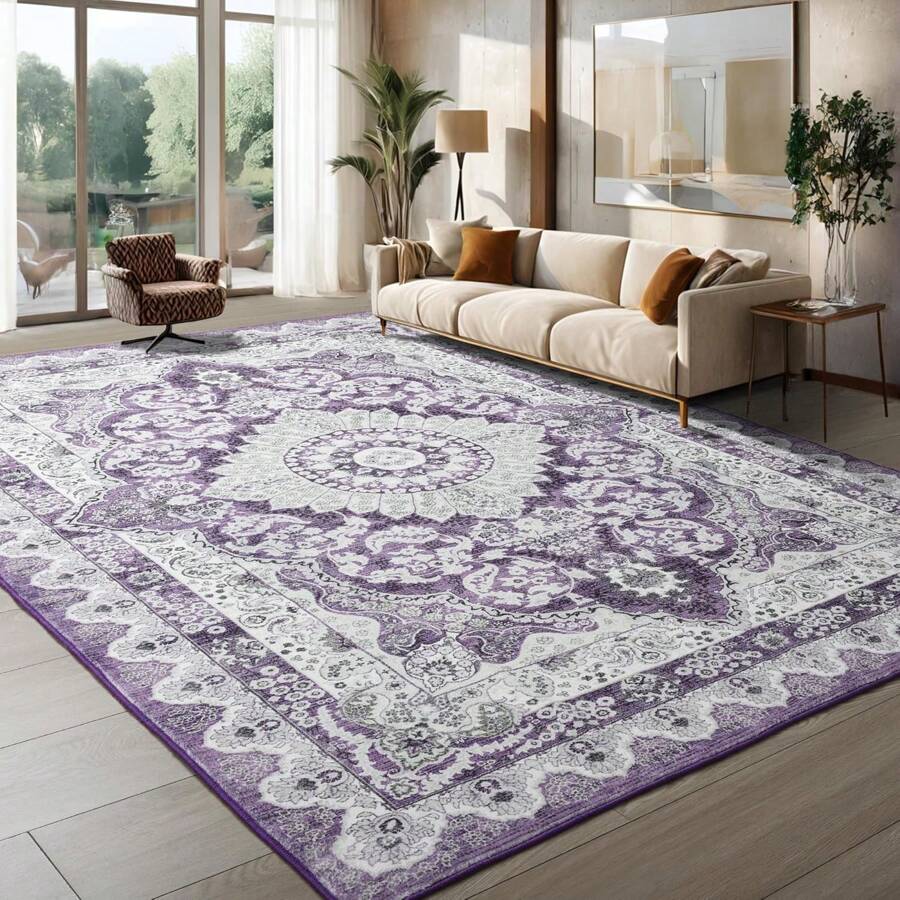 Low Pile Washable Rugs For Living Room, Faux Wool Vintage Rug For Bedroom Dining Room Home Decoration - tím trắng - Xem 1