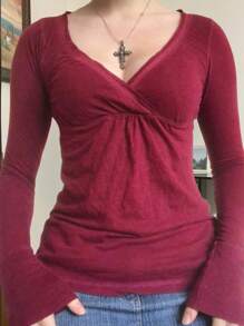 Women Y2k Fairy Grunge Shirt Top Long Sleeve Wrap V-Neck Tunic T-Shirts Pullover Tops Vintage Going Out Tees Tops Aesthetic Clothes E-Girl 2000s Streetwear - 紅色 - 查看 1