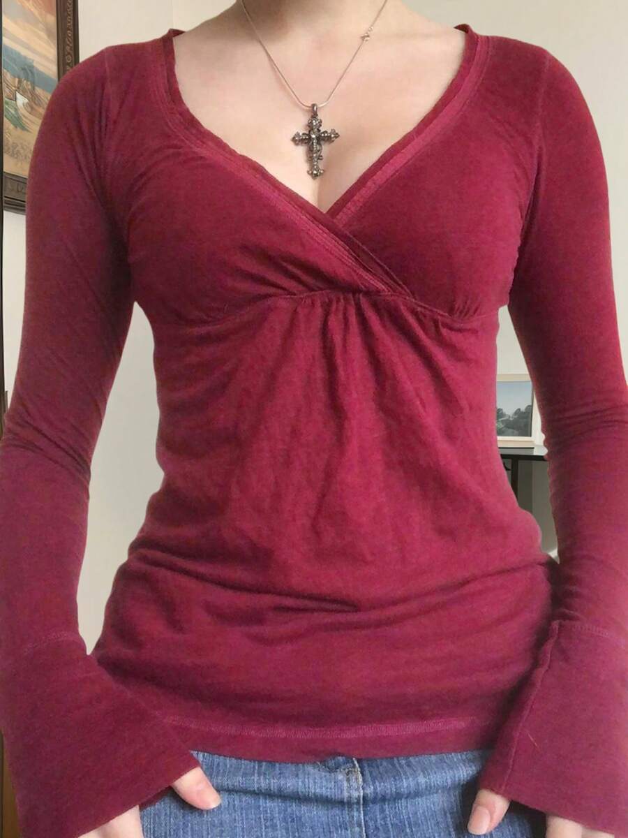 Women Y2k Fairy Grunge Shirt Top Long Sleeve Wrap V-Neck Tunic T-Shirts Pullover Tops Vintage Going Out Tees Tops Aesthetic Clothes E-Girl 2000s Streetwear - 紅色 - 查看 1