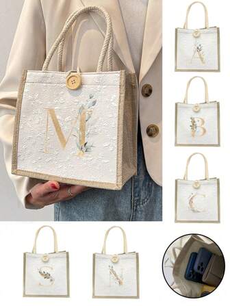 亚麻手提包，小花亚麻纽扣装饰手提包，简约大容量手提包，便携休闲收纳手提包，多功能购物袋，绿叶金铂金字母A-Z，新设计，大容量，购物的理想选择，单肩包，手提包，午餐袋，午餐盒，适合女性