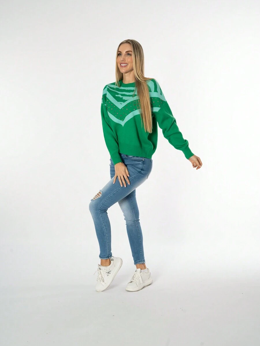 Suéter con detalles en pedrería para mujer, Colección Prisma - Verde - Ver 1