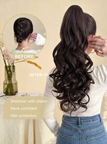 22-24英寸波浪马尾假发爪，波浪卷发一体式，女士适用，黑棕色 - 深棕色 - 查看 11
