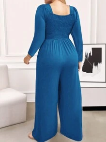 Plus Size Women Solid Long Sleeve Ruffle Frill Wide Leg Jumpsuits Ladies Plain Pockets Elegant Casual Cocktail Party Evening Playsuits Romper - Blue - View 2
