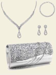 Elegante Strass Ketting Oorbellen Armband Sieraden Set Voor Bruiloft Bruidsvrouwen Strass Avond Clutch Tassen Bruids Bruiloft Glitter Bling Perfect Prom Diner Bijpassende Jurk Formele Jurk
