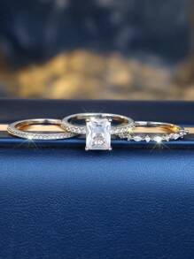 Tsnamer 3 Pcs/Set Noble Radiant Cut Cubic Zirconia Wedding Ring Set For Women Wedding Band Bridal Anniversary Jewelry Gifts - Ring - View 5