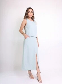 TAILORING SET OF BLOUSE AND MIDI SKIRT - Green - View 3