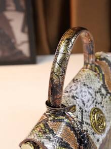 Vintage Snake Retro Pattern Female Handbag, Practical Commuter Crossbody Bag With Flap, Crocodile Texture - Coffee Brown - View 10