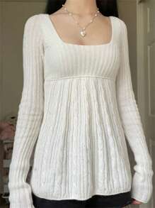 Women's Cable Knit Tops Long Sleeve Square Neck Solid Color Loose Fit T-Shirts Sweaters - 白色 - 查看 3